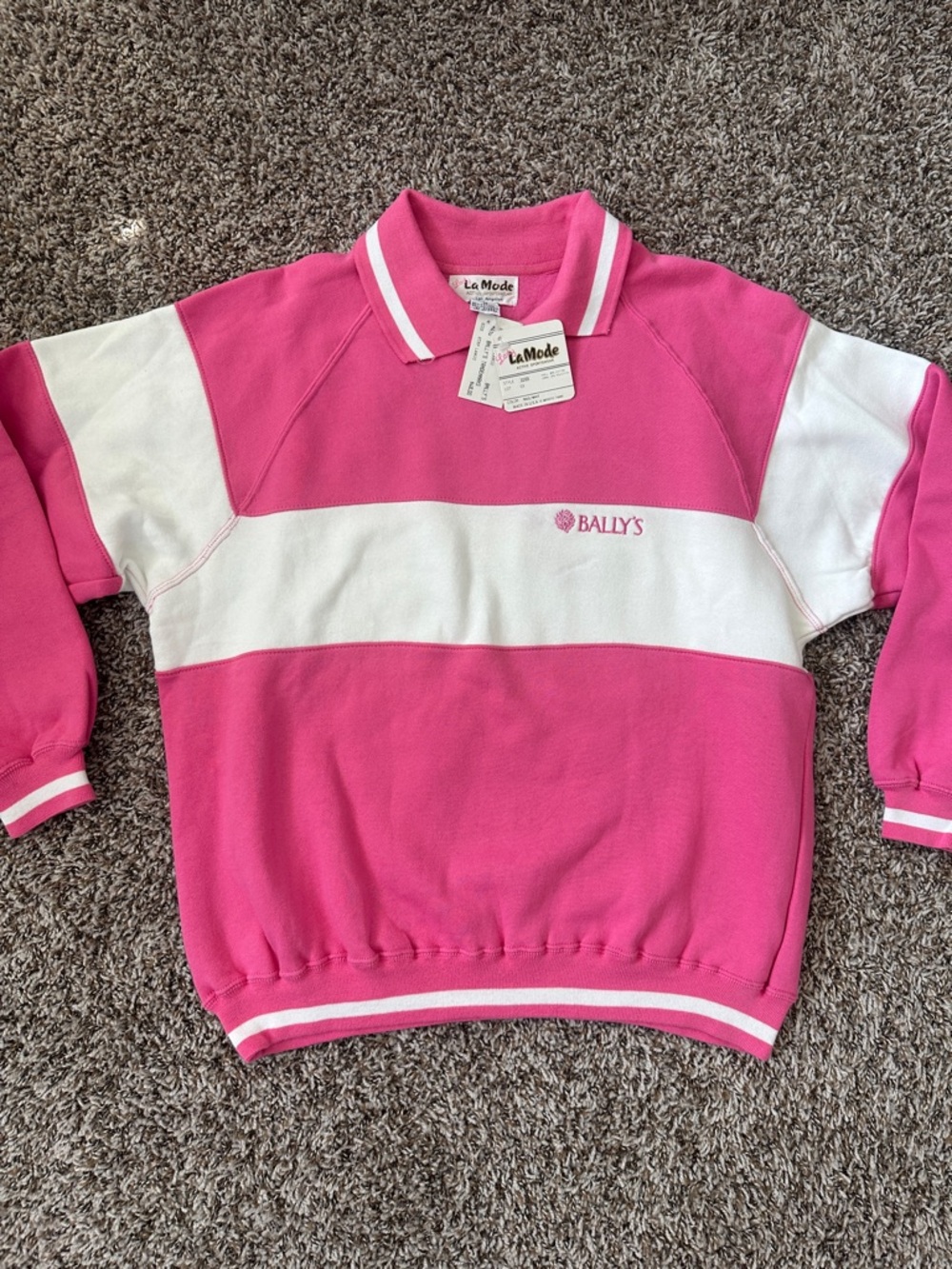 Vintage NWT Lady La Mode Bally's Pink & White Striped Polo Sweatshirt